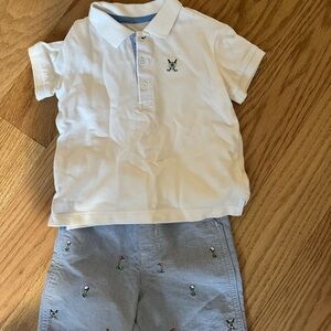 Little Me White Polo with Blue-Trimmed Collar and Golf Embroidery